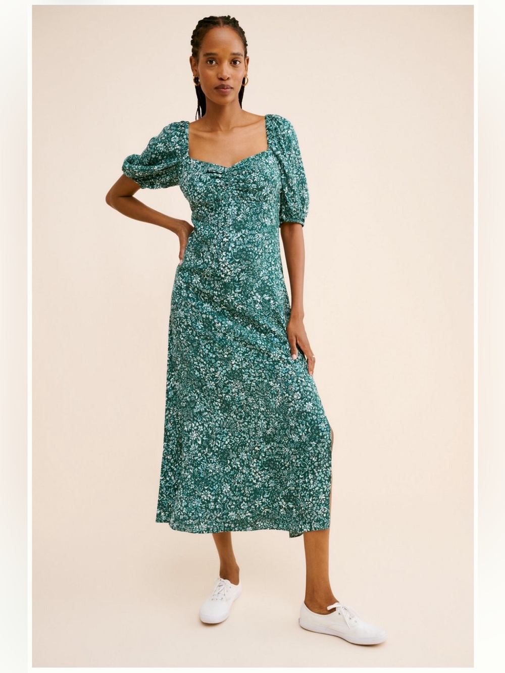 Madewell Teal Floral Square-Neck Midi Dress